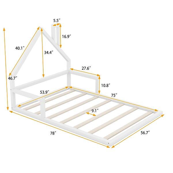 dimension image slide 0 of 2, Full Size Floor Bed with House Headboard - Sturdy Wood, Easy Assembly, Natural
