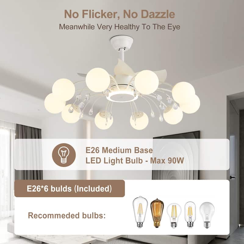 31in. Indoor Gold Modern Ceiling Fan with Light, Reversible Fandelier with Light Bulbs and Remote for Living Room
