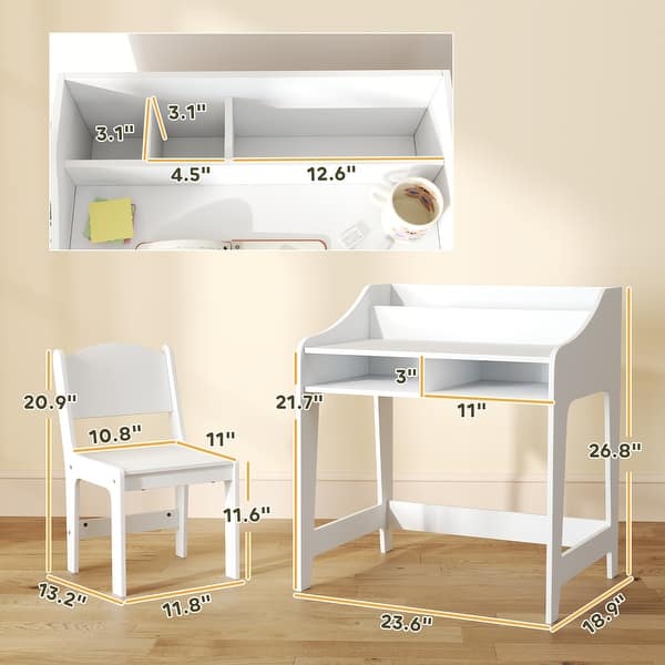 dimension image slide 1 of 2, Qaba Kids Desk and Chair Set, Children Study Table with Storage and Shelves, Student Writing Desk, Natural Wood