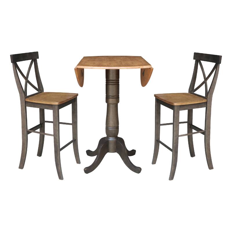 42 in. Round Dual Drop Leaf Bar Height Dining Table with 2 X-back Stools - 3 Piece Set