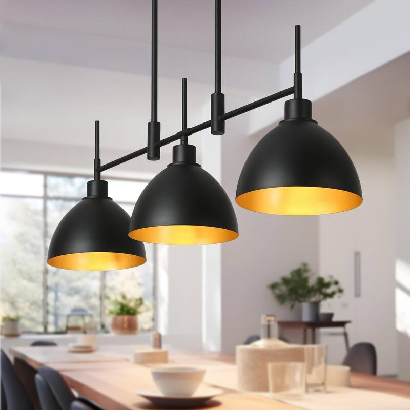 Modern Cottage 3-Light Linear Metal Chandelier with Dome Shade for Dining Room - 33.2'' L x 7.8'' W x 12.2'' H