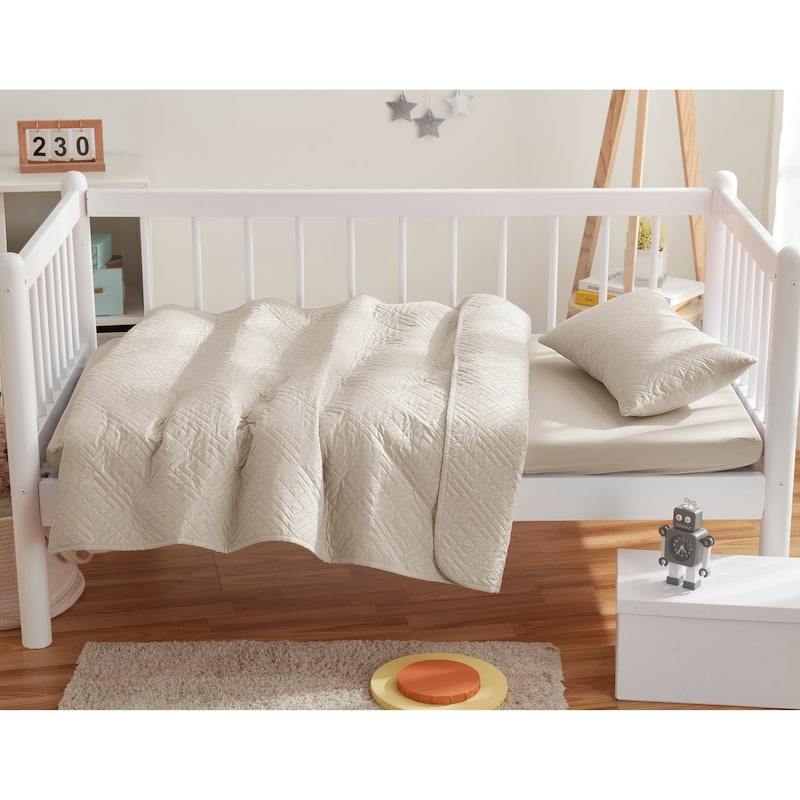 Clara Clark Diamond Weave Toddler Bedding Set, 3PC Bedspread Set - All Season Quilted Comforter, Fitted Sheet, and Pillow Sham - Off White