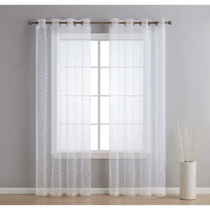 HLC.me Audrey Embroidered Premium Soft Decorative Sheer Voile Light Filtering Grommet Window Curtain Panels - Set of 2 - 54 W x 84 L per panel - Set of 2 - Off White