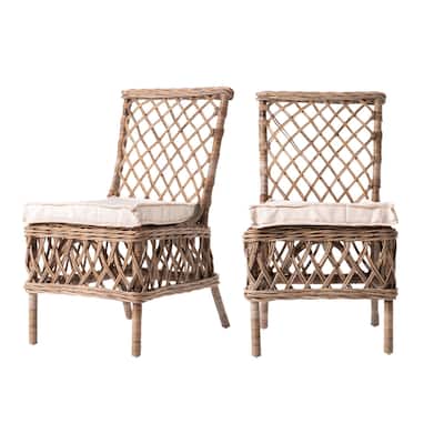Set of 2 Rattan Parsons Dining Chairs with Cream Cushions and Natural Cross Back for Dining or Lounge