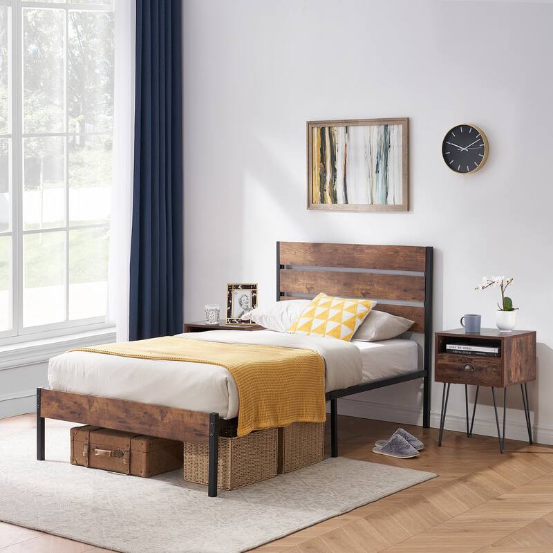 3-Pieces Bedroom Set with Rustic Brown Platform Bed Frame and Nightstands Set of 2