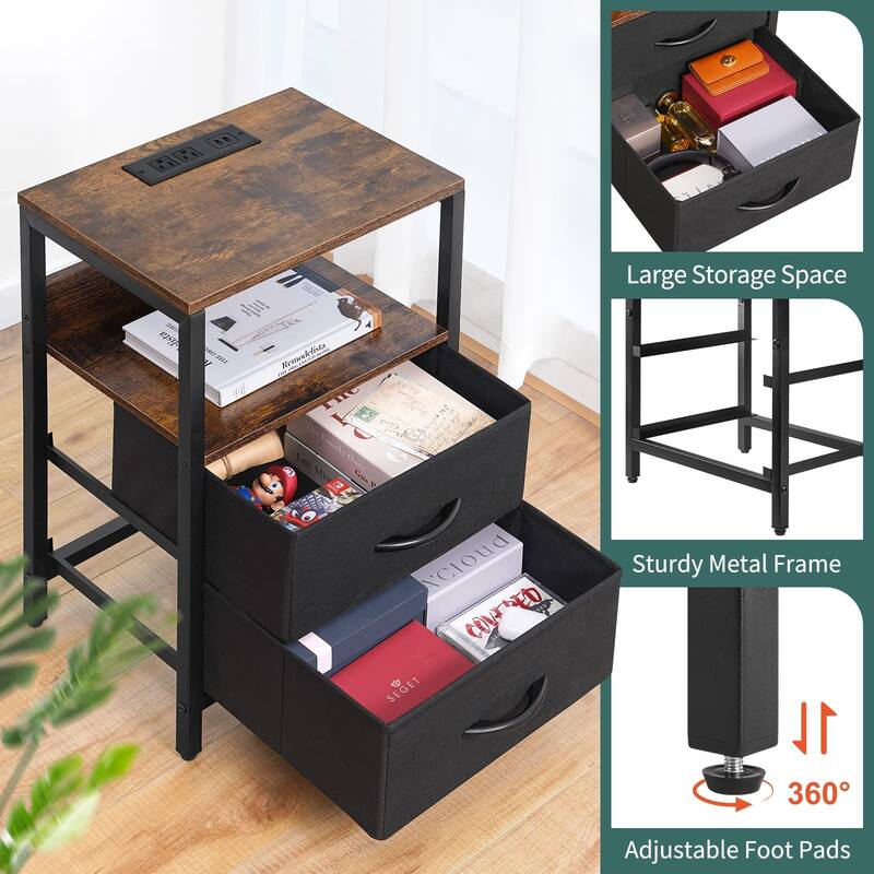 Nightstand with Charging Station, Small Night Stand with Fabric Drawers,Small Spaces Bedside Table with USB Ports & Outlets