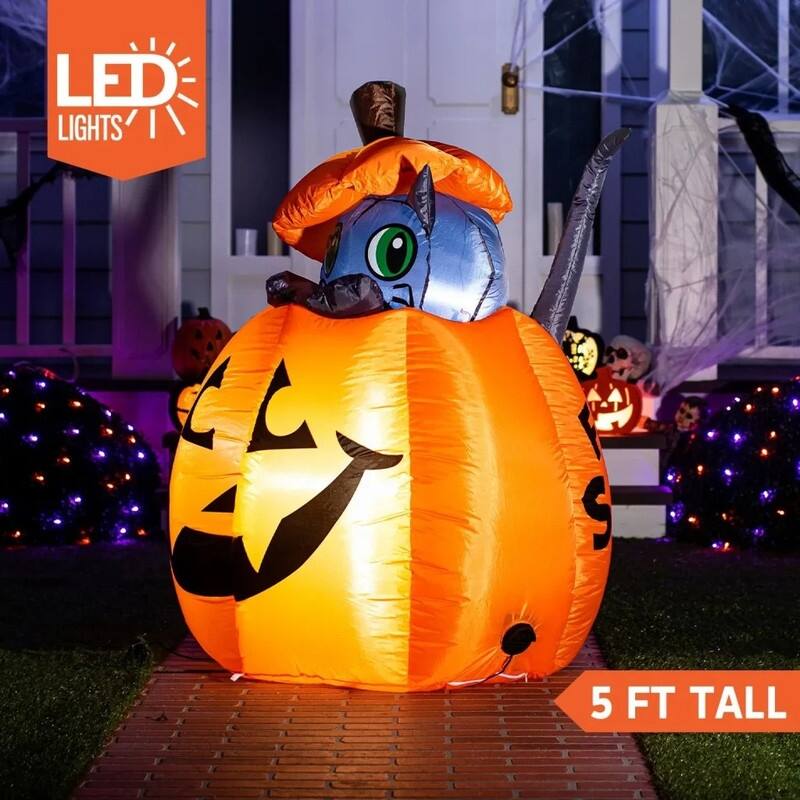 5 ft Halloween Inflatable Kitty Cat On Pumpkin - Multicolor