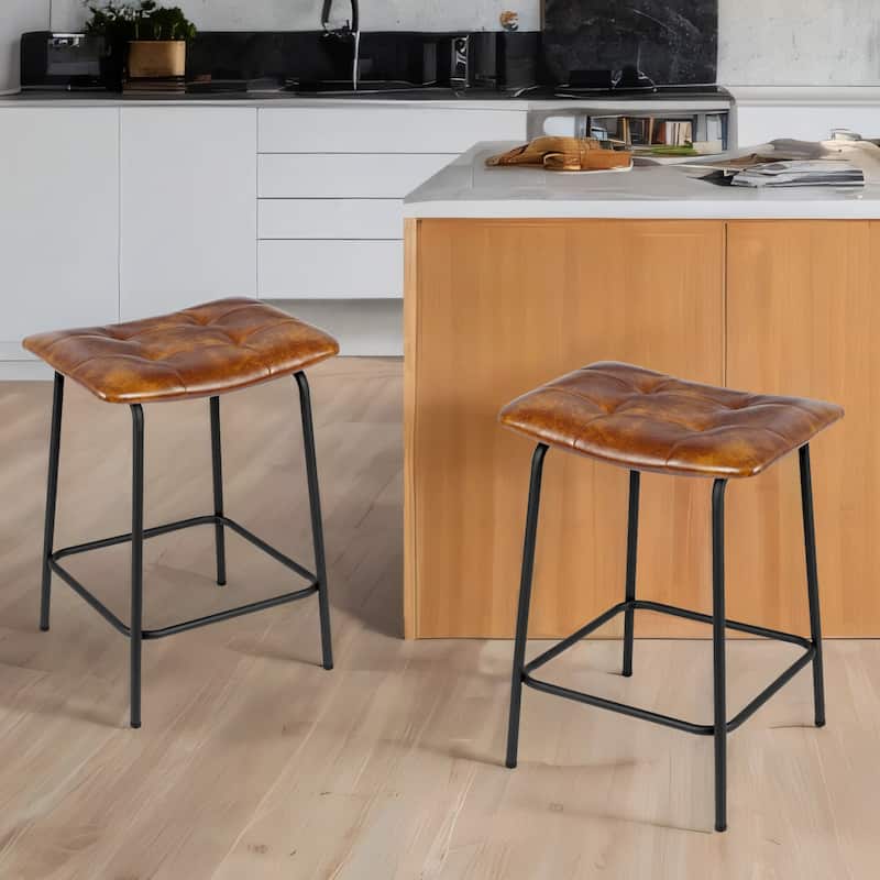 Saddle Tufted 24” Height Breathable Faux Leather Counter Stools - Set of 2 - Yellowish Brown