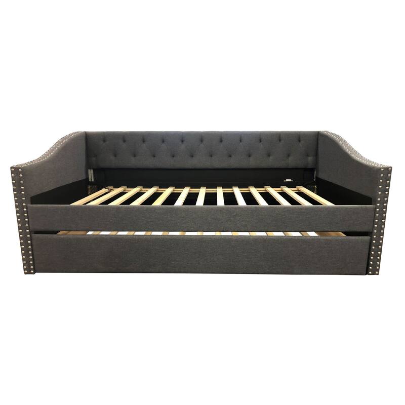 Luxurious 1pc Modern Daybed Button Tufted Nailhead Trim Armrest Pull Out Trundle Bedroom Living Room Furniture Gray Finish