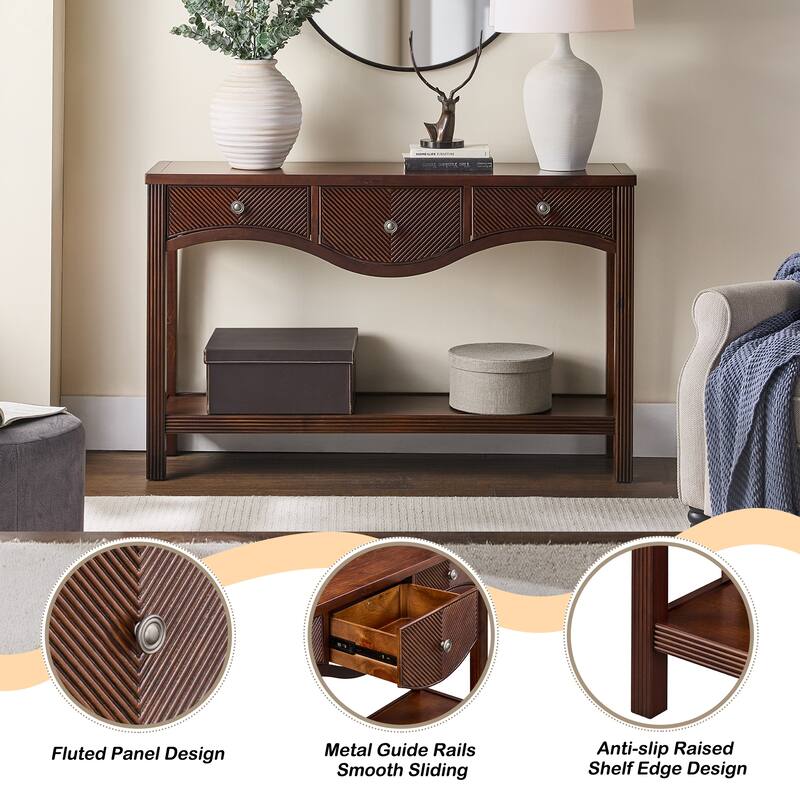 52 Inch Fluted Wood Console Table with 3 Drawers and Solid Wood Legs for Living Room Entryway Decor