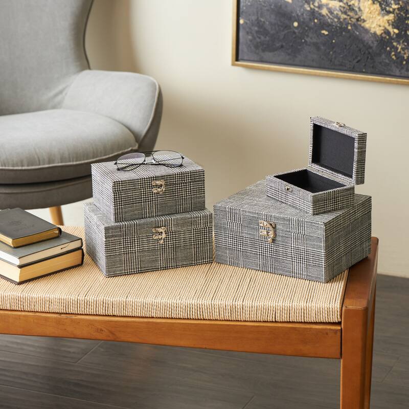 Black Fabric Handmade Storage Decorative Box with Silver Latches (Set of 4)