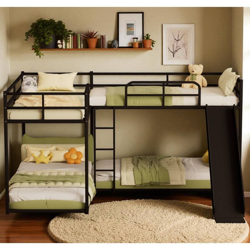 L-Shaped Metal Bunk Bed with Slide and Short Ladder, Space-Saving Twin Bunk Bed Frame for Kids or Teens
