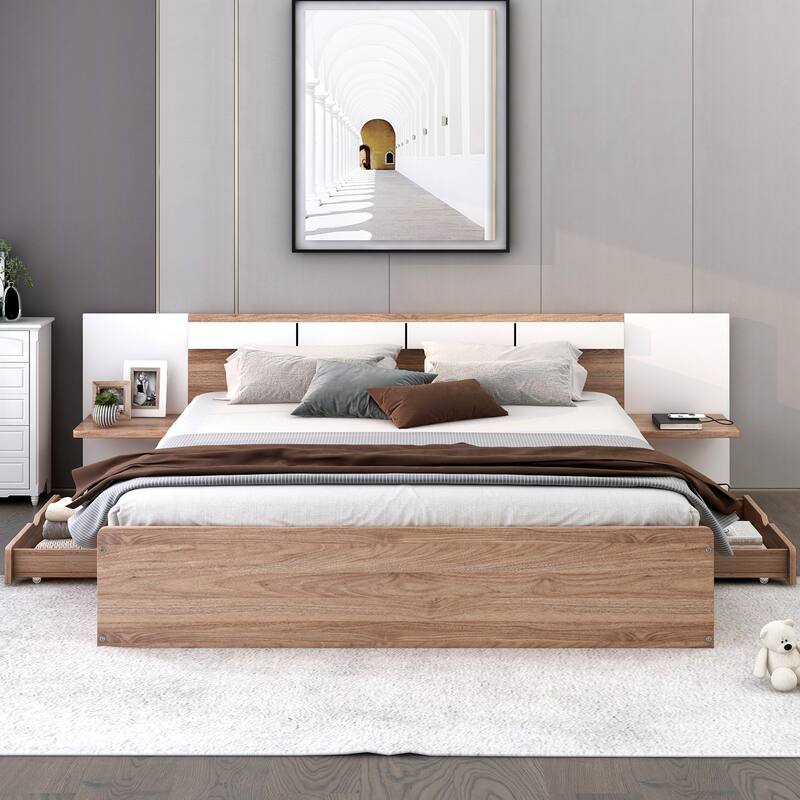 Modern Queen Platform Bed with Storage Drawers, USB Ports, and Headboard Shelves