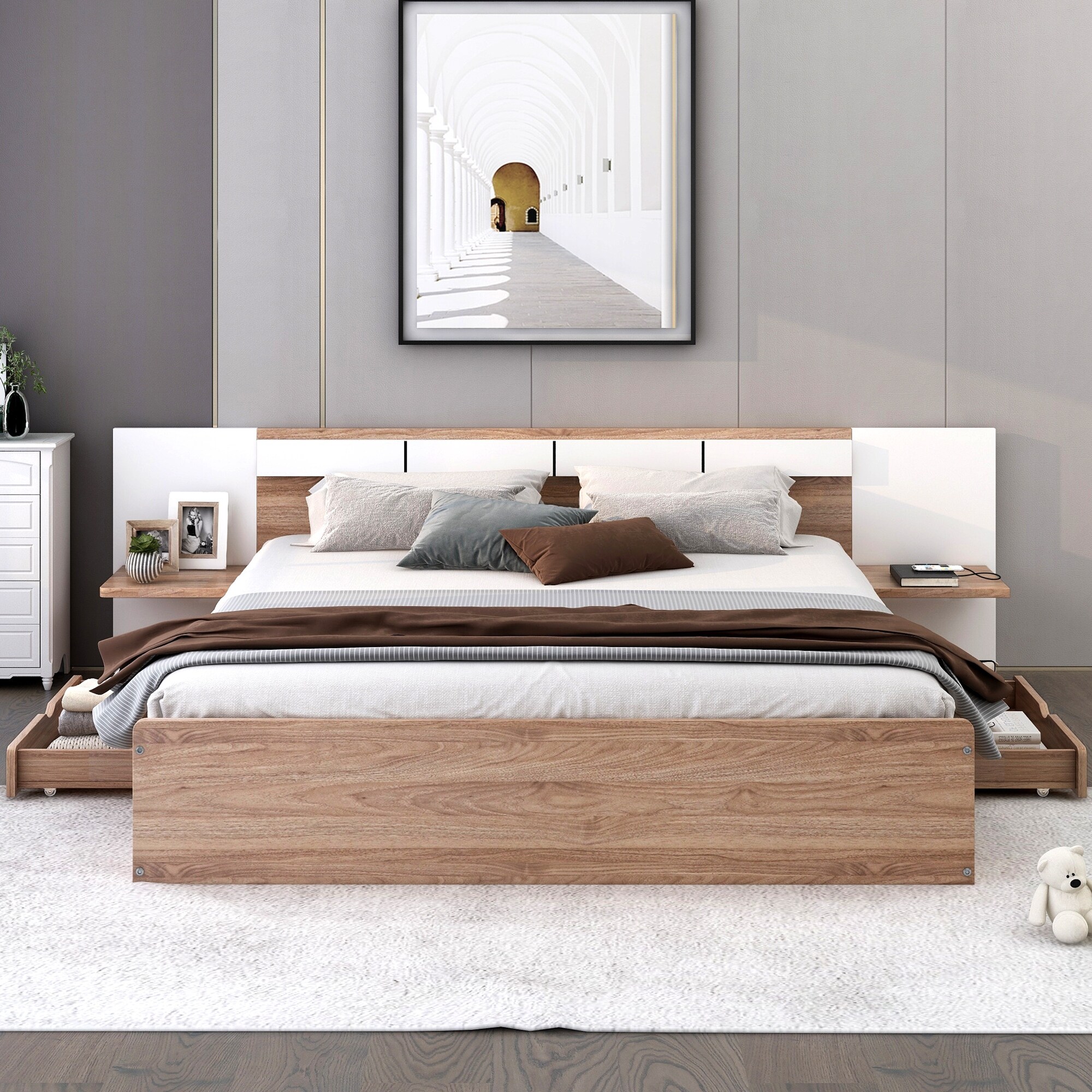 Queen Platform Bed with 2 Drawers USB Ports Sockets Wooden Bed