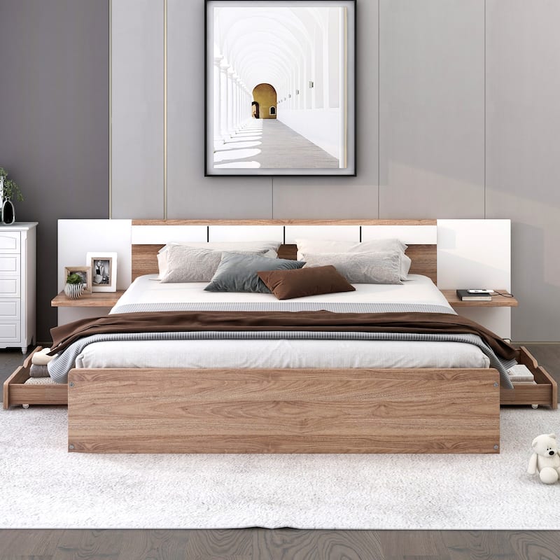 Queen Size Concise Low-Profile Platform Bed Frame with USB Charging - Natural-Bed+2Drawers - Queen