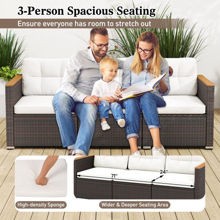 Mix Brown Rattan Metal 3-Seat Patio Sofa with Wood Arms and Cushions - 26" x 76" x 25.5"