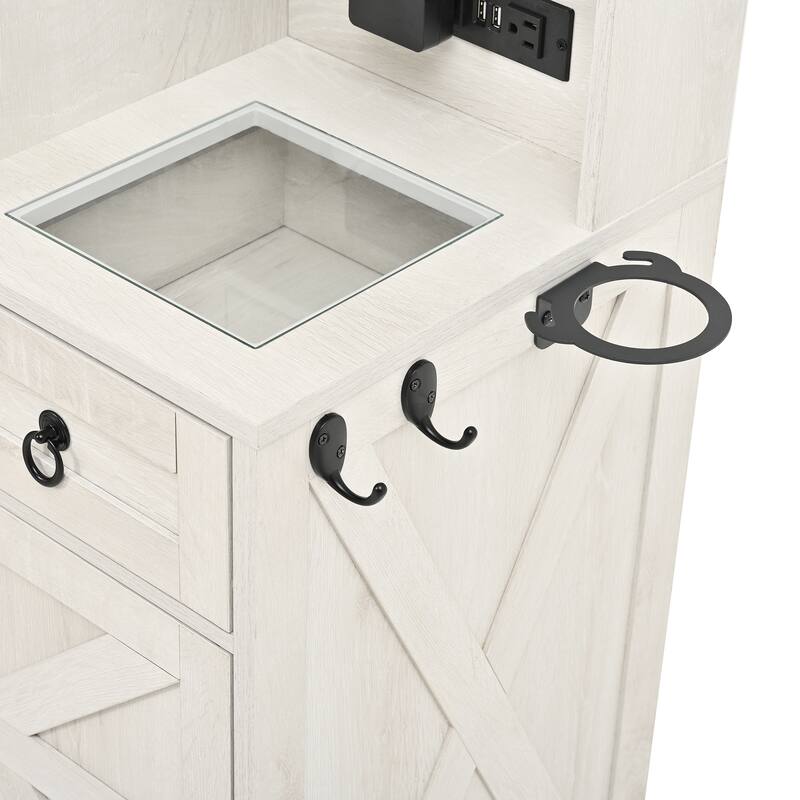 2-Piece Bedroom Makeup Vanity Set with Stool, Farmhouse Glass Top Vanity Desk with Sliding Mirror, Lights and Charging Station