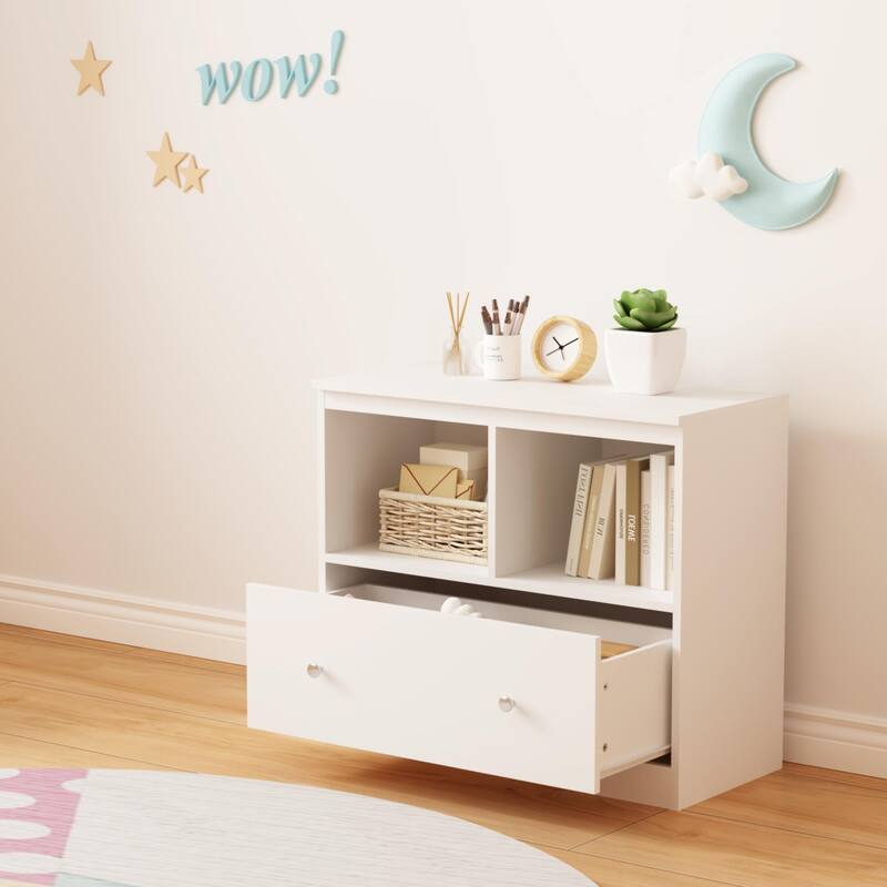 Modern White Storage Cabinet with Open Shelf and Drawer - Kids Playroom and Home Office Organizer
