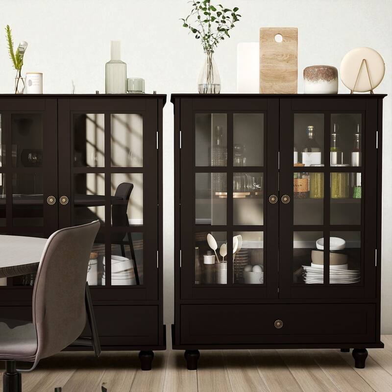 Modern Wooden Buffet Cabinet with Double Glass Doors & Drawer, Storage Sideboard for Dining Room & Entryway