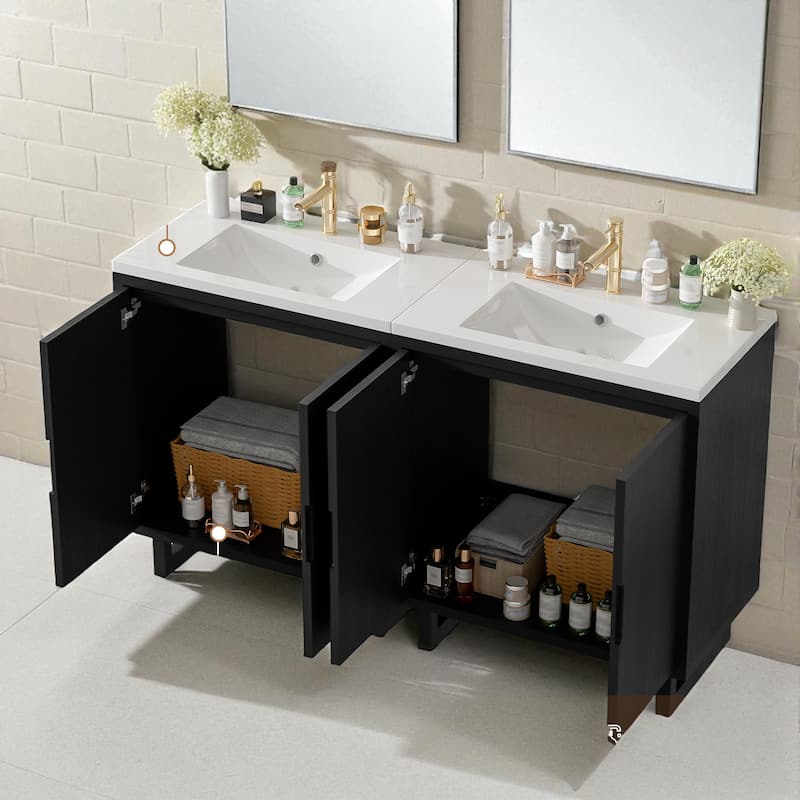 60.2" Bathroom Vanity with Sink, Solid Wood Frame, 4 Soft-Close Doors and Large Storage Cabinet
