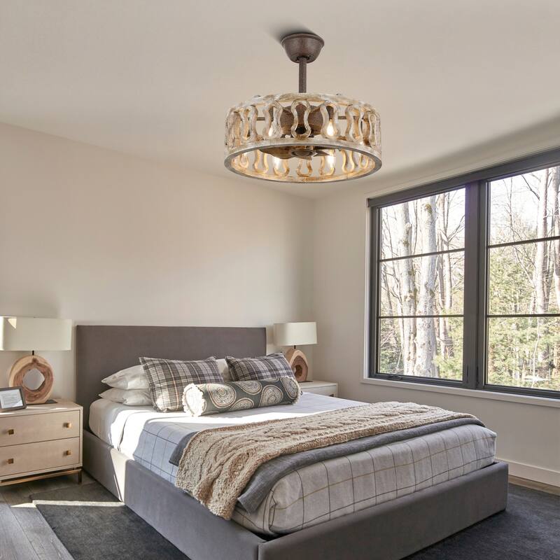 18 Inch Vintage Farmhouse Caged Ceiling Fan with Lights and Remote, 6-Speed Reversible Bladeless Ceiling Fan Fandelier - 18"