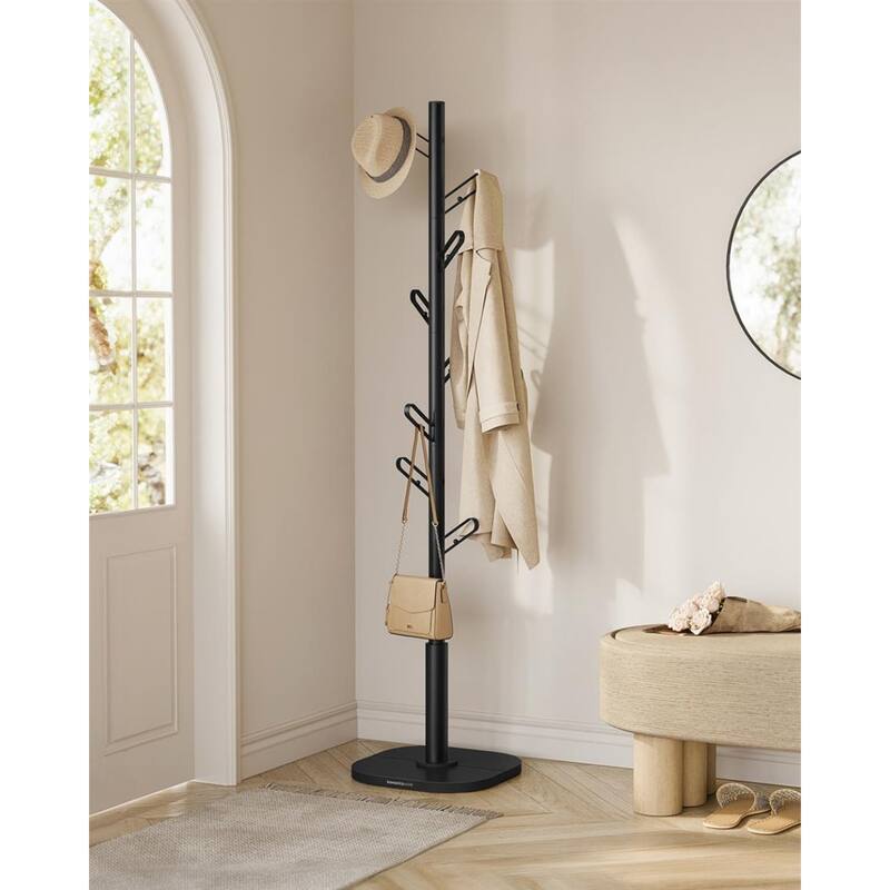 69" Tall Ink Black Metal Freestanding Coat Rack Tree with 2 Shelves and Wide Base for Daily Use - 15.7"L x 15.7"W x 69"H