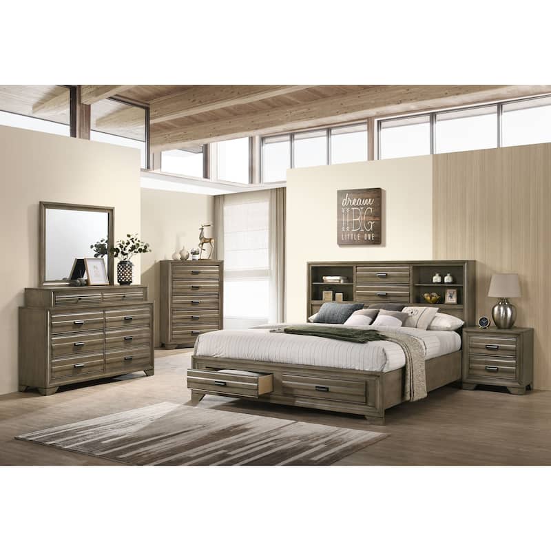 Roundhill Furniture Loiret Rubbed Gray Oak Finish Wood Storage Platform Bedroom Set with Dresser, Mirror, Nightstand, Chest - Queen