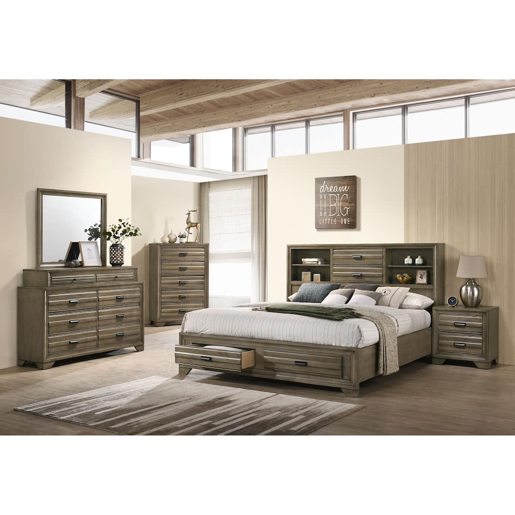 Roundhill Furniture Loiret Rubbed Gray Oak Finish Wood Storage Platform Bedroom Set with Dresser, Mirror, Nightstand, Chest