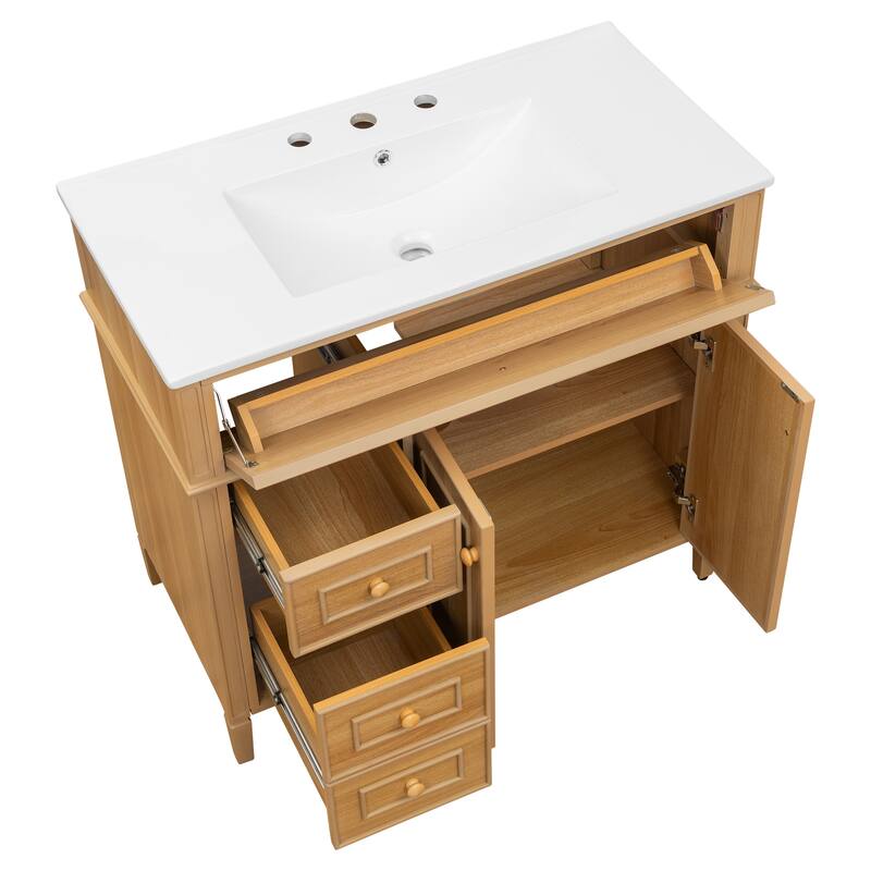 Roomfitters 36" Bathroom Vanity with Sink, Solid Wood Frame, Tilt-Out Drawer, 3 Drawers & 2 Soft-Close Doors, Wood