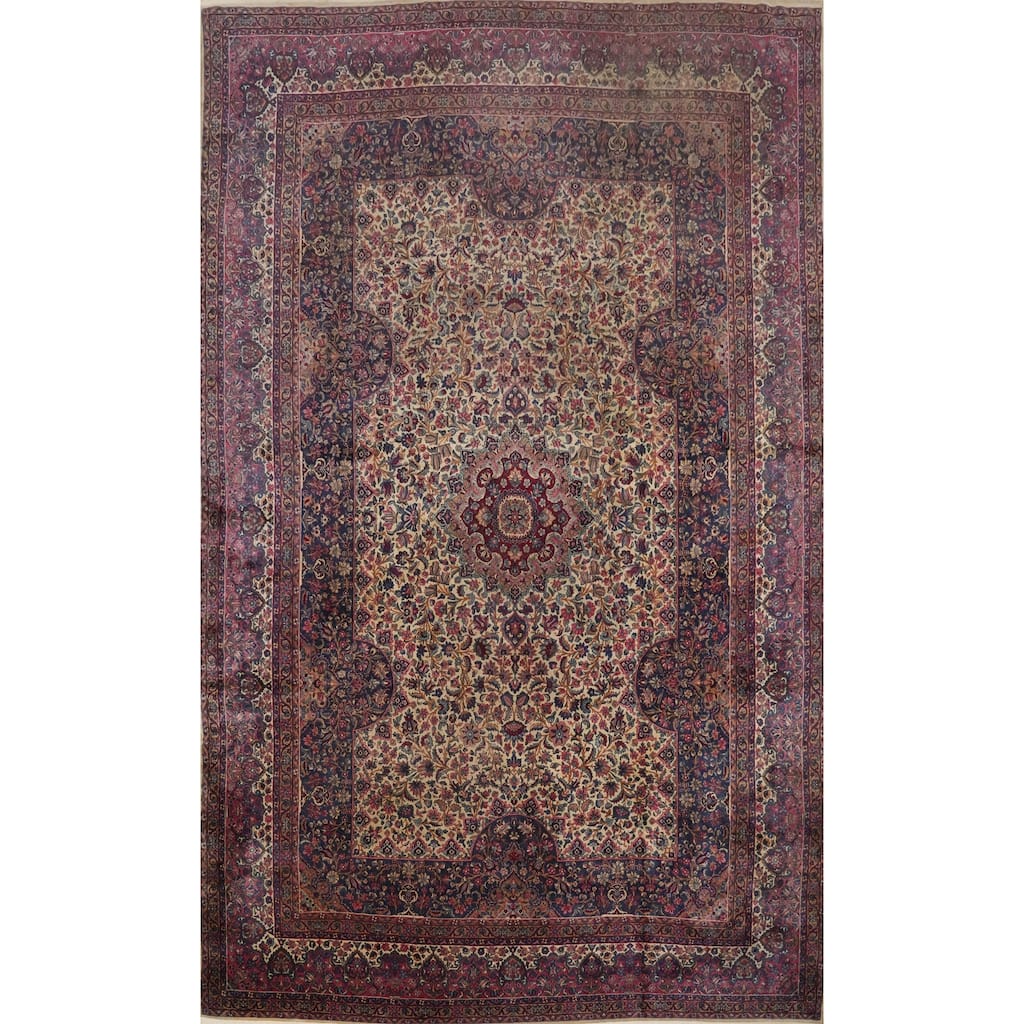 Hand Knotted Oriental 100% Wool Carpet Traditional Floral Beige & Ivories Kerman Area Rug - 15' 5'' X 10' 9''