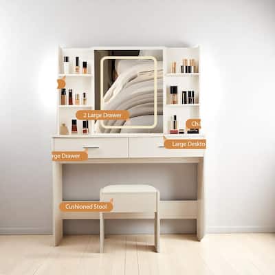 Vanity Table with Mirror and Lights - 42.5" Makeup Desk with Charging Station, 2 Drawers, 6 Shelves