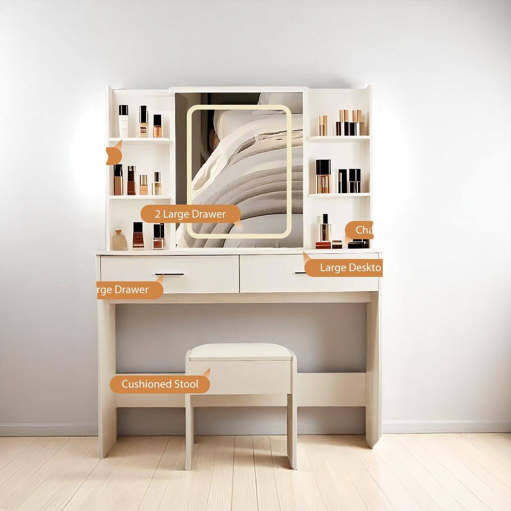 Vanity Table with Mirror and Lights - 42.5" Makeup Desk with Charging Station, 2 Drawers, 6 Shelves