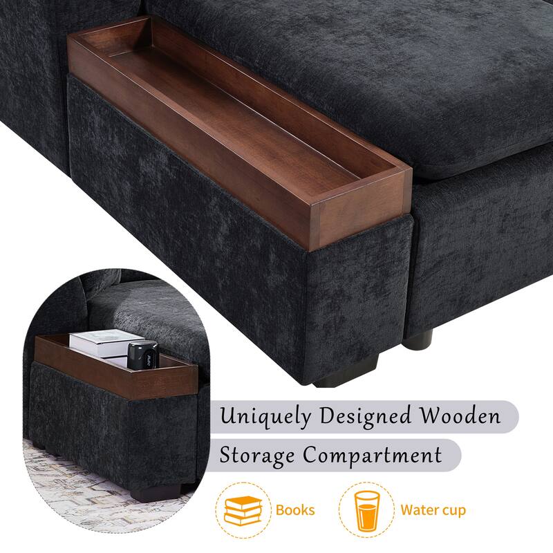 Chenille Sectional Sofa L-shaped Sofa with Wooden Storage Compartment, Tufted Couch Upholstered Sofa Couch with Pillows