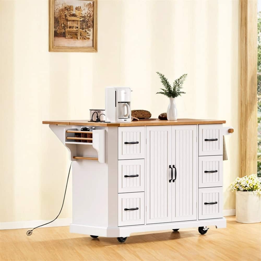 56" Kitchen Island w/Rubber Wood Veneer Drop Leaf,Rolling Kitchen Cart