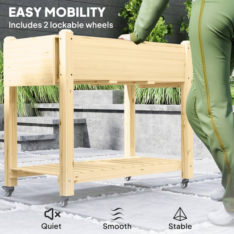 Raised Garden Bed with Storage Shelf and Foldable Ledges Fir Wood Planter for Indoor Outdoor Gardening