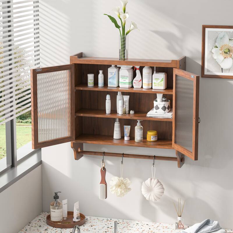 24.8" Glass Door Vintage Double Door Wall Cabinet with 3 Tiers of Storage with Towel Rack