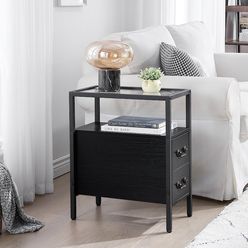 2-Drawer Modern End Tables with Glass Top, Narrow Side Tables with Drawers, Nightstands for Small Spaces