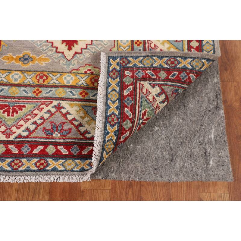 Grey Geometric Kazak Oriental Area Rug Hand-Knotted Wool Carpet - 5'1" x 6'7"
