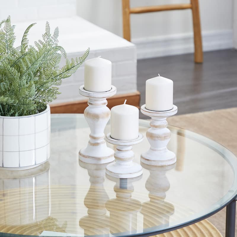 Wood Short Distressed Turned Candle Holder - Set of 3 Brown or White - Roche River Decor