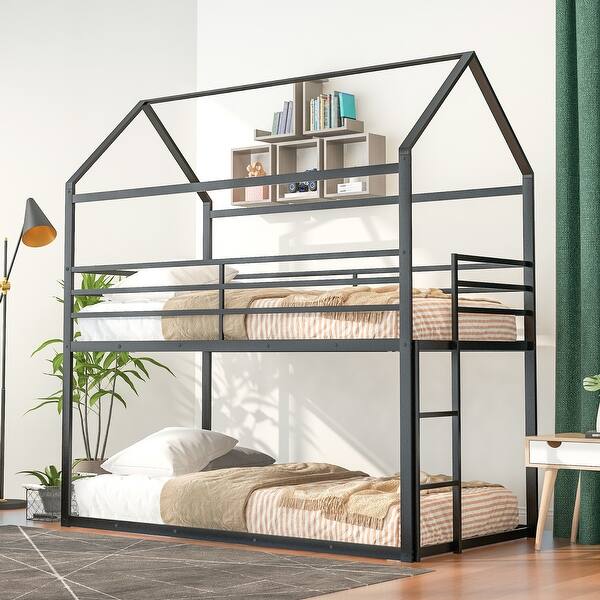 slide 2 of 18, Twin Over Twin House Bunk Bed Frame for Kids Bedroom, Metal Bunk Bed Frame with Built-in Ladder and Full-length Guardrail Twin Over Twin - Black
