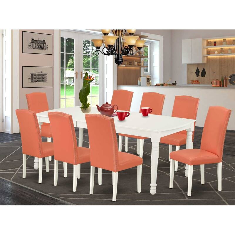 African Adventure Dining Set - 9Pc Rectangle Table & 8 Chairs - Pink Flamingo & Linen White