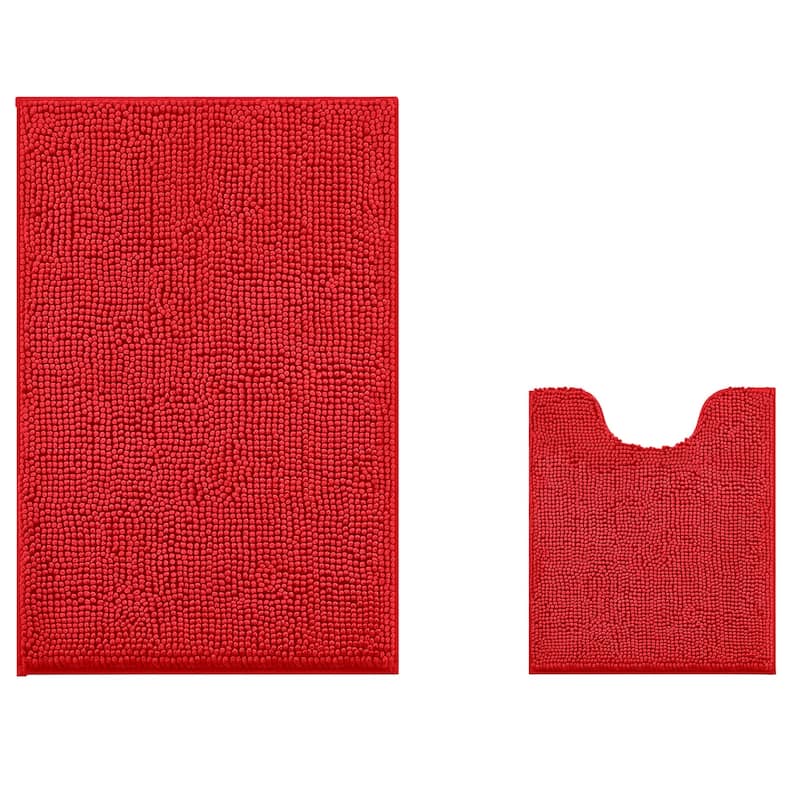 Extra Large 2 Piece Set Red Soft Cozy Plush Chenille Bath Mat Bathroom Rug