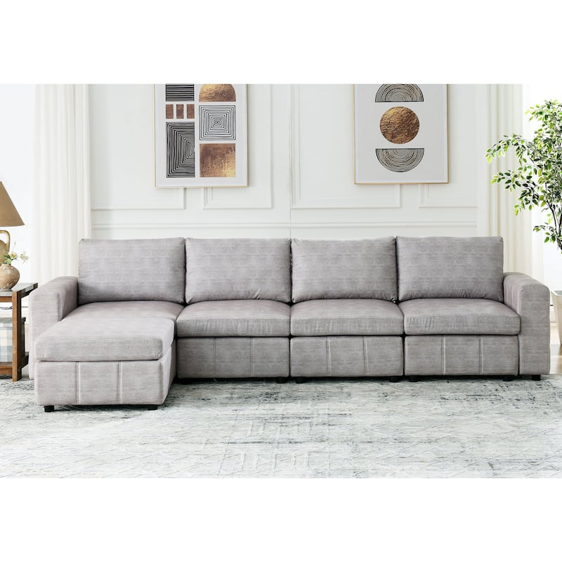 Contemporary Grey Fabric L-Shaped Modular Sectional Sofa with Ottoman ...