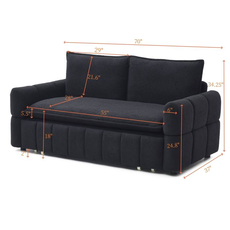 Convertible Loveseat Sleeper Sofa Couch with Metal Frame, 2-Seater Sofa Couch Black Pull-Out Sofa Bed with Armrests