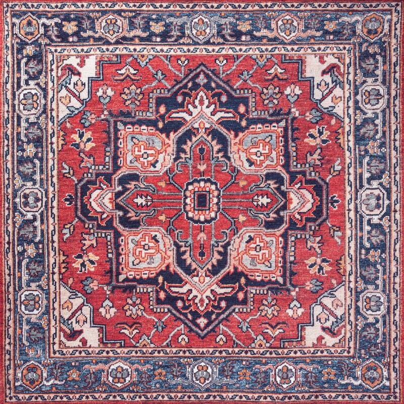 JONATHAN Y Cirali Ornate Large Medallion Machine Washable Area Rug - 8' Square - Red/Navy