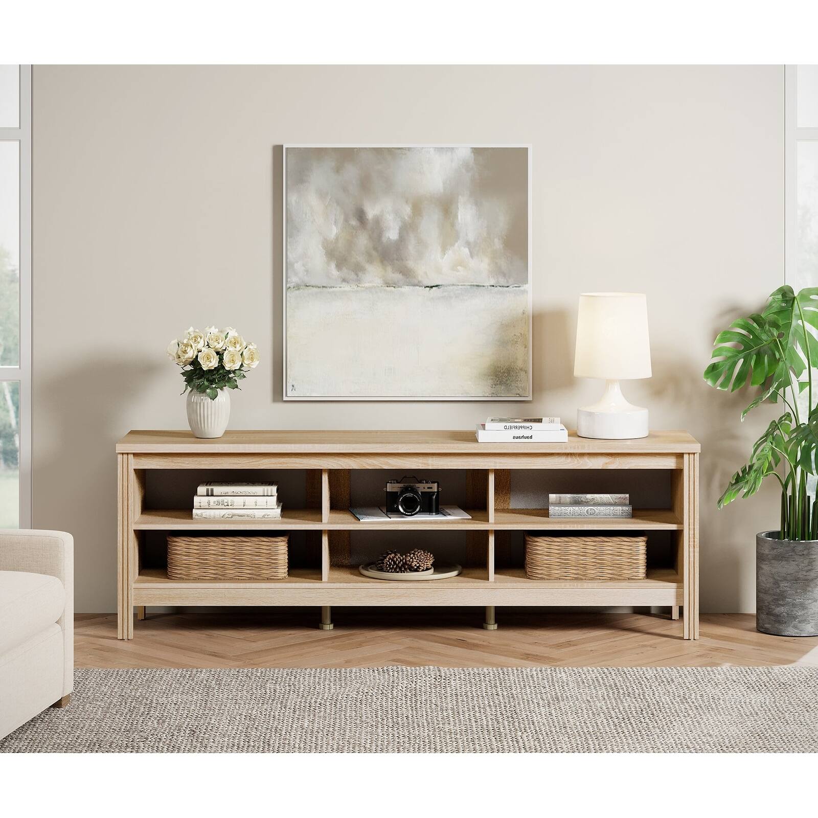 70-inch Farmhouse TV Stand with Open Shelves for 75-inch TVs, Oak Media Console for Living Room