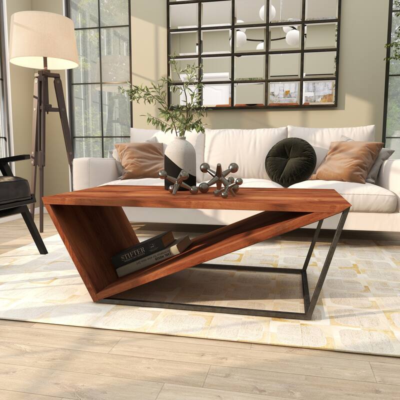 Brown Wood Diagonal Open Frame Living Room Coffee Table with Gray Metal Base