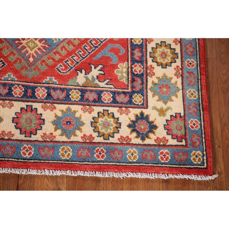 Geometric Kazak Rug Hand-Knotted Red Wool Carpet - 3'4"x 5'2"