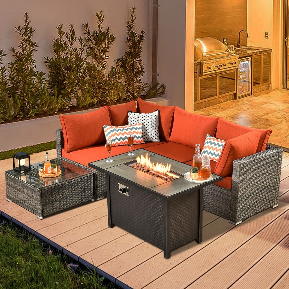 HOOOWOOO 6-piece Patio Rattan Sectional Set with Fire Pit Table