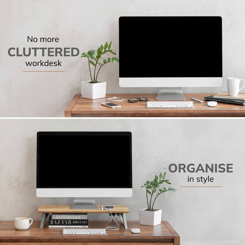 Jani Wood Monitor Stand Riser Desk - Ergonomic Design Stand, Desktop Organizer Table for Home, Office Workspace, Gaming Desk